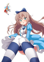 2girls absurdres akagi_(sanoba_witch) alice_(alice_in_wonderland) alice_(alice_in_wonderland)_(cosplay) alice_in_wonderland animal_ears apron aqua_eyes blue_bow blue_dress blue_hair blue_ribbon blush bow brown_hair commentary_request convenient_leg cosplay dress eyes_visible_through_hair fake_animal_ears feet_out_of_frame floating_clothes floating_hair foreshortening frilled_apron frills from_below hair_between_eyes hair_bow highres holding holding_pocket_watch jacket juliet_sleeves knees_together_feet_apart long_hair long_sleeves looking_at_viewer looking_down lsizessize multiple_girls open_clothes open_jacket open_mouth pocket_watch puffy_sleeves rabbit_ears raised_eyebrows red_jacket ribbon sanoba_witch shiiba_tsumugi shirt sidelocks simple_background solo_focus striped_clothes striped_thighhighs tareme thighhighs twintails watch white_apron white_background white_rabbit_(alice_in_wonderland) white_rabbit_(alice_in_wonderland)_(cosplay) yellow_shirt