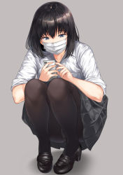 Rule 34 | 1girl, ameno shigure, black footwear, black hair, black pantyhose, black skirt, blue eyes, breast pocket, cellphone, collared shirt, covered mouth, dress shirt, full body, grey background, holding, holding phone, loafers, long hair, looking at phone, mask, miniskirt, mouth mask, original, panties, panties under pantyhose, pantyhose, pantyshot, phone, pleated skirt, pocket, school uniform, shirt, shoes, short sleeves, simple background, skirt, smartphone, solo, squatting, surgical mask, underwear, upskirt, wing collar