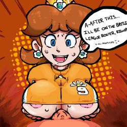 Rule 34 | 1girl, absurdres, areola slip, artist request, begging, blue eyes, breast hold, breasts, brown hair, earrings, english text, highres, jewelry, large breasts, looking at viewer, mario (series), nervous, nintendo, out of frame, paizuri, paizuri under clothes, penis, precum, princess daisy, smile, soccer uniform, sportswear, super mario strikers, sweat, underboob, uniform