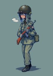 Rule 34 | 1girl, assault rifle, belt, black eyes, black hair, commentary, dark skin, dark-skinned female, english commentary, erica (naze1940), gloves, grey gloves, gun, helmet, highres, holding, holding gun, holding weapon, looking at viewer, military, original, parted lips, ponytail, pouch, rifle, solo, weapon