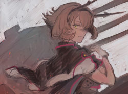 Rule 34 | 1girl, brown hair, capelet, closed mouth, commentary, gloves, hair between eyes, highres, kantai collection, looking at viewer, moor, mutsu (kancolle), mutsu kai ni (kancolle), profile, rigging, short hair, simple background, sketch, solo, upper body, white gloves, yellow eyes