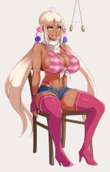 Rule 34 | 1girl, bare arms, bare shoulders, bikini, blank eyes, blonde hair, blue shorts, boots, breasts, chair, cleavage, commission, curvy, dark-skinned female, dark skin, denim, denim shorts, fingerless gloves, front-tie bikini top, front-tie top, full body, gloves, hair ornament, happy, hevn, high heel boots, high heels, highleg, highleg panties, highres, hololive, hololive english, huge breasts, hypnosis, limiter (tsukumo sana), long hair, low twintails, micro shorts, mind control, navel, neckerchief, open fly, open mouth, panties, pink bikini, pink footwear, pink gloves, plaid, plaid bikini, plaid bikini top, planet hair ornament, short shorts, shorts, simple background, sitting, skindentation, smile, solo, stomach, string bikini, swimsuit, tan, thick thighs, thigh boots, thighhighs, thighs, thong, tsukumo sana, twintails, underwear, very long hair, virtual youtuber, white background, white neckerchief, yellow eyes