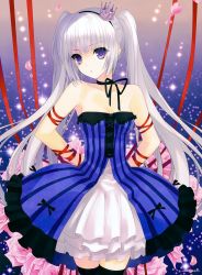Rule 34 | 1girl, absurdres, armlet, arms behind back, bare shoulders, black thighhighs, blue dress, blush, breasts, choker, cleavage, collarbone, crown, dress, female focus, flower, grey hair, head tilt, highres, image sample, looking at viewer, medium breasts, original, petals, purple eyes, ribbon, rose, rose petals, serious, sleeveless, solo, strapless, strapless dress, suzuhira hiro, thighhighs, tsurime, twintails