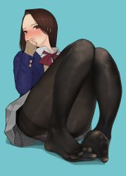 Rule 34 | 1girl, blue background, blush, brown eyes, brown hair, commentary, feet, highres, long hair, looking at viewer, no shoes, original, panties, pantyhose, school uniform, simple background, skirt, solo, thighs, toes, underwear, white panties, yomu (sgt epper)