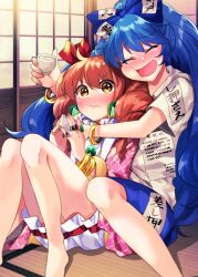 Rule 34 | 2girls, alcohol, bangle, barefoot, blue bow, blue hair, blush, bow, bracelet, cheek press, choko (cup), closed eyes, commentary request, cup, debt, drill hair, drunk, gem, hair bow, highres, indoors, jewelry, katayama kei, long hair, multiple girls, multiple rings, necklace, no headwear, open mouth, orange hair, pendant, ring, sake, shouji, siblings, sisters, sliding doors, tatami, touhou, twin drills, wavy mouth, yellow eyes, yorigami jo&#039;on, yorigami shion