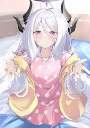 Rule 34 | 1girl, ahoge, arm up, blue archive, blush, closed mouth, hair between eyes, hair over shoulder, half-closed eyes, halo, highres, hina (blue archive), hina (pajamas) (blue archive), indoors, kneeling, looking at viewer, mob the nanana, on bed, open hand, pajamas, pillow, pink pajamas, pov, purple eyes, white hair