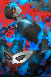 Rule 34 | 10s, 1boy, absurdres, amamiya ren, black hair, blood, blood on face, highres, male focus, mask, mask off, persona, persona 5, short hair, smile, solo, yellow eyes