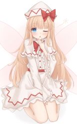 Rule 34 | 1girl, absurdres, blonde hair, blush, buttons, capelet, dress, fairy, fairy wings, frilled sleeves, frills, gaden19, hat, highres, lily white, long hair, long sleeves, one eye closed, open mouth, simple background, solo, touhou, white background, white capelet, white dress, white hat, wide sleeves, wings, yellow eyes
