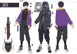Rule 34 | 1boy, artist request, belt, black eyes, black footwear, black hair, black legwear, black pants, capri pants, chain, character name, character sheet, commentary, converse, earrings, english commentary, from behind, full body, gold chain, gold necklace, hood, hood up, hooded jacket, indie virtual youtuber, jacket, jewelry, knife, looking at viewer, mask, messy hair, mouth mask, necklace, oni mask, open clothes, open jacket, pants, purple jacket, ribbed sweater, sheath, sheathed, shoes, short hair, shoto (vtuber), sleeves past wrists, smile, sneakers, standing, stud earrings, sweater, tassel, turtleneck, turtleneck sweater, virtual youtuber, white footwear