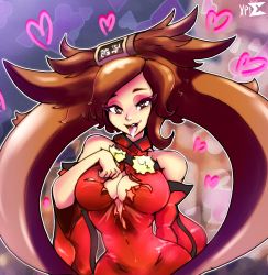 Rule 34 | absurdly long hair, breasts, cleavage, guilty gear, heart, heart-shaped pupils, highres, kuradoberi jam, long hair, shirt, symbol-shaped pupils, torn clothes, torn shirt, very long hair, xpisigma