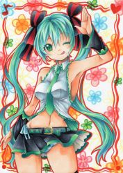 Rule 34 | 1girl, :p, arm up, armpits, belt, colored pencil (medium), detached sleeves, green eyes, green hair, hair ribbon, hatsune miku, highres, long hair, marker (medium), mary0524, matching hair/eyes, millipen (medium), navel, necktie, one eye closed, panties, pantyshot, ribbon, skirt, solo, striped clothes, striped panties, tongue, tongue out, traditional media, twintails, underwear, upskirt, very long hair, vocaloid