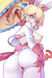 Rule 34 | 1girl, ass, ass grab, blonde hair, blue eyes, bodysuit, breasts, come hither, from behind, from below, hand on own ass, heart, heart-shaped pupils, highres, hot vr, huge ass, large breasts, long hair, looking at viewer, looking back, mario (series), naughty face, nintendo, nipples, perry (mario), pink lips, ponytail, princess peach, pussy, rabbit ears, rabbit tail, sideboob, smile, solo, standing, super princess peach, symbol-shaped pupils, the super mario bros. movie, thick thighs, thighs, torn clothes, uncensored