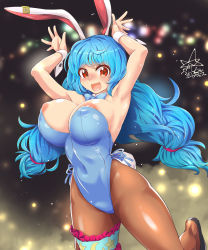 Rule 34 | 1girl, animal ears, areola slip, armpits, arms up, bare arms, black background, black footwear, blue hair, blue leotard, blush, breasts, brown pantyhose, commentary request, covered navel, highres, large breasts, leotard, long hair, looking at viewer, low twintails, open mouth, pantyhose, playboy bunny, rabbit ears, rabbit tail, red eyes, seiran (touhou), shoes, smile, solo, sweat, tail, touhou, twintails, umigarasu (kitsune1963), wrist cuffs