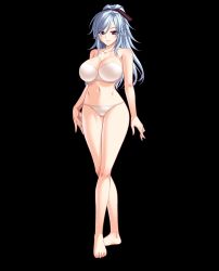 Rule 34 | 1girl, absurdres, bare shoulders, barefoot, bishop (company), black background, blue hair, bra, breasts, cleavage, feet, hair ribbon, highres, hip focus, huge breasts, legs, long hair, looking at viewer, navel, panties, phi, pink eyes, ponytail, ribbon, silicon magic, simple background, smile, solo, standing, strapless, strapless bra, thighs, toes, underwear