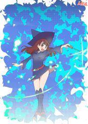 Rule 34 | 1girl, :d, blunt bangs, blush, breasts, brown eyes, brown hair, full body, halftone, hat, hys-d, kagari atsuko, little witch academia, long hair, long sleeves, looking at viewer, luna nova school uniform, open mouth, outstretched arms, pinky out, school uniform, smile, solo, thighs, wand, witch, witch hat