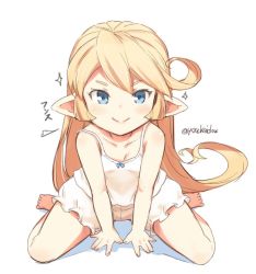 Rule 34 | 1girl, blonde hair, bloomers, blue eyes, camisole, charlotta (granblue fantasy), female focus, granblue fantasy, harvin, jingai modoki, leaning forward, long hair, looking at viewer, pointy ears, simple background, sitting, smile, solo, twitter username, underwear, wariza, white background