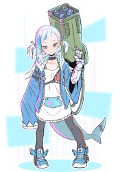 Rule 34 | 1girl, blue eyes, blue hair, blunt bangs, fins, fish tail, gawr gura, grey hair, hair ornament, highres, hololive, hololive english, looking at viewer, mechanical arms, moral cacoethes, multicolored hair, rocket launcher, shark girl, shark tail, single mechanical arm, sleeves past wrists, solo, streaked hair, tail, two side up, virtual youtuber, weapon