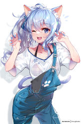 Rule 34 | 1girl, ;d, animal ear fluff, animal ears, blue eyes, blue hair, blue nails, blue overalls, bra strap, breasts, cat ears, cat tail, choker, claw pose, cowboy shot, hair between eyes, halterneck, hololive, hong (white spider), hoshimachi suisei, long hair, looking at viewer, medium breasts, nail polish, one eye closed, open mouth, overalls, purple choker, shirt, short sleeves, side ponytail, signature, simple background, smile, solo, standing, star (symbol), star in eye, symbol in eye, tail, virtual youtuber, white background, white shirt