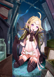 Rule 34 | 1girl, ahoge, belt, black cape, black gloves, blackma (pagus0012), book, bow, cape, circlet, clock, fire emblem, fire emblem awakening, flat chest, gloves, green hair, highres, long hair, navel, nintendo, nowi (fire emblem), open mouth, pink bow, pointy ears, purple eyes, sitting, solo, stomach