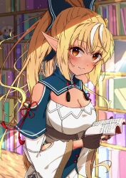 Rule 34 | 1girl, absurdres, black gloves, blonde hair, blue bow, blush, book, bow, breasts, cleavage, dark-skinned female, dark skin, dress, elfriend (shiranui flare), fingerless gloves, gloves, hair bow, highres, holding, holding book, hololive, large breasts, looking at viewer, orange eyes, pointy ears, rmwt7525, shiranui flare, shiranui flare (1st costume), sidelocks, smile, solo, virtual youtuber, white dress, white hair