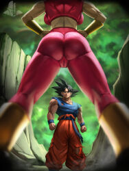 Rule 34 | 1boy, 1girl, absurdres, ass, backboob, between legs, black hair, blue sash, blue shirt, blurry, blurry foreground, breasts, cameltoe, closed mouth, commentary, crop top, dragon ball, dragon ball super, elite nappa, english commentary, from behind, from below, green sky, hand on own hip, head out of frame, highres, kefla (dragon ball), large breasts, leggings, looking at another, lower body, orange pants, pants, red leggings, rock, sash, serious, shirt, skin tight, son goku, spiked hair, standing, torn clothes, view between legs