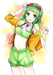 Rule 34 | 1girl, :d, absurdres, breasts, goggles, goggles on head, green eyes, green hair, gumi, highres, jacket, matching hair/eyes, gumi (v3 megpoid), midriff, minato (shouno), navel, open mouth, short hair, shorts, sketch, smile, solo, suspenders, underboob, vocaloid