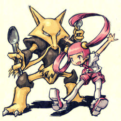 Rule 34 | 1girl, :d, alakazam, blunt bangs, creatures (company), full body, game freak, gen 1 pokemon, hair ornament, holding, holding spoon, long hair, lowres, meimaru inuchiyo, mira (pokemon), nintendo, open mouth, outstretched arms, oversized object, pantyhose, pantyhose under shorts, pink eyes, pink hair, pink ribbon, pokemon, pokemon (creature), ribbon, sailor collar, shoes, short sleeves, shorts, simple background, smile, spoon, thighhighs, twintails, very long hair, white pantyhose