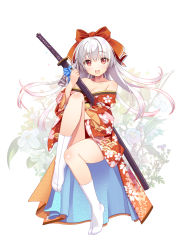 Rule 34 | 1girl, :d, at-yui, bow, breasts, cleavage, collarbone, floating hair, full body, hair bow, highres, holding, holding sword, holding weapon, invisible chair, japanese clothes, kimono, long hair, looking at viewer, medium breasts, no shoes, open mouth, red bow, red eyes, red kimono, sheath, sheathed, shiny skin, silver hair, simple background, sitting, smile, solo, sword, tabi, tenkuu no craft fleet, very long hair, weapon, white background, white legwear