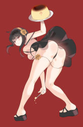 Rule 34 | 1girl, ass, bent over, black hair, blush stickers, breasts, cake, flower, food, gogoco, gold hairband, hair flower, hair ornament, hairband, highres, looking at viewer, looking back, medium breasts, red eyes, revealing clothes, rose, short hair, short hair with long locks, simple background, skindentation, solo, spy x family, thigh strap, thighs, yor briar