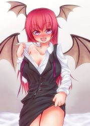 Rule 34 | &gt;:), 1girl, :d, bare shoulders, bat wings, blush, breasts, cleavage, clothes lift, clothes pull, collarbone, embodiment of scarlet devil, female focus, head wings, koakuma, large breasts, long hair, naughty face, off shoulder, open mouth, purple eyes, red eyes, red hair, shirt pull, skirt, skirt lift, smile, solo, tatsumoto, touhou, undressing, v-shaped eyebrows, vest, wings