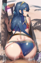 Rule 34 | 1boy, 1girl, absurdres, anus, ass, back, beach, bent over, bikini, bikini bottom aside, blue bikini, blue eyes, blue hair, blush, censored, closed mouth, clothed sex, clothing aside, commentary, commission, dark-skinned male, dark skin, day, feet out of frame, fire emblem, fire emblem awakening, from behind, hair between eyes, happy sex, hetero, highres, long hair, looking at viewer, looking back, lucina (fire emblem), male pubic hair, mazenda (3378), mosaic censoring, motion lines, nintendo, outdoors, palm tree, penis, pov, pubic hair, pussy, sex, sex from behind, shadow, skeb commission, smile, solo focus, steaming body, swimsuit, swimsuit aside, symbol-shaped pupils, thighs, tiara, tree, vaginal
