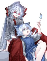 Rule 34 | 2girls, :o, arm support, baggy pants, between legs, blue bow, blue dress, blue eyes, blue hair, bow, breasts, bright pupils, cirno, collared shirt, dress, fujiwara no mokou, hair bow, highres, ice, ice wings, large breasts, legs together, long hair, long sleeves, looking at another, multiple girls, pants, pinafore dress, pointing, puffy short sleeves, puffy sleeves, red eyes, red pants, shirt, short hair, short sleeves, sidelocks, sitting, sitting on person, sleeveless dress, small breasts, smile, suspenders, touhou, very long hair, vivo (vivo sun 0222), white bow, white hair, white pupils, white shirt, wings