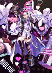 Rule 34 | 1girl, asymmetrical hair, black background, black hair, dissolving clothes, duel monster, goggles, goggles on head, heart, highres, lab coat, mao uyasunari, mechanical arms, multicolored hair, shoes, sneakers, solo, test tube, vanquish soul dr. mad love, very long sleeves, white hair, yu-gi-oh!