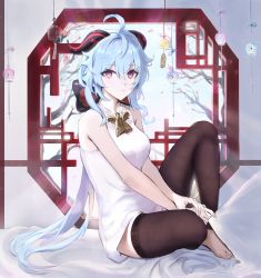 Rule 34 | 1girl, absurdres, ahoge, bare shoulders, barefoot, bed, bell, black thighhighs, blue hair, bow, breasts, commentary, english commentary, ganyu (genshin impact), genshin impact, highres, horns, indoors, long hair, looking at viewer, low ponytail, medium breasts, neck bell, pillow, purple eyes, sidelocks, sitting, solo, subu art, thighhighs, window