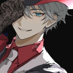 Rule 34 | 1boy, absurdres, adjusting clothes, adjusting headwear, artist name, black background, blue eyes, close-up, collared shirt, commentary, ensemble stars!, gloves, grey hair, hand up, hat, highres, looking at viewer, male focus, necktie, official alternate costume, one eye covered, ri annri, sena izumi (ensemble stars!), shirt, short hair, smile, solo, teeth, watermark, white necktie