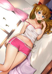 Rule 34 | 1girl, absurdres, bed, blush, brown hair, covered erect nipples, dolphin shorts, highres, long hair, looking at viewer, lying, midriff, navel, neon genesis evangelion, on side, open mouth, panties, panty peek, pink shorts, pukara, short shorts, shorts, smile, solo, souryuu asuka langley, stomach, strap slip, tank top, thighs, underwear, window