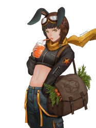Rule 34 | 1girl, absurdres, animal ears, artist name, aviator cap, black hair, brown eyes, brown headwear, carrot, cup, dew (7302235), disposable cup, drinking, drinking straw, eyeshadow, goggles, goggles on headwear, hand in pocket, highres, looking at viewer, makeup, midriff, navel, original, pouch, rabbit ears, scarf, shorts, simple background, solo, standing, white background, yellow scarf, zipper