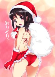Rule 34 | 1girl, 2016, ass, bikini, black hair, blush, breasts, christmas, clothes lift, clothes writing, cowboy shot, dated, dot nose, from behind, fur-trimmed gloves, fur trim, gift bag, gloves, hat, highres, long hair, looking at viewer, looking back, merry christmas, miniskirt, mudou eichi, open mouth, original, outline, polka dot, polka dot background, purple eyes, red bikini, red gloves, red skirt, sack, santa hat, short hair, skirt, skirt lift, small breasts, solo, standing, swimsuit, translated, white outline
