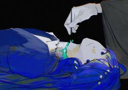 Rule 34 | 1other, androgynous, black background, blue eyes, blue hair, closed mouth, crystal, expressionless, gem, gem uniform (houseki no kuni), gloves, green gemstone, highres, holding, houseki no kuni, kongou sensei, light smile, long hair, long sleeves, looking at viewer, lying, necktie, on back, out of frame, phosphophyllite, phosphophyllite (gemstone), phosphophyllite (ll), severed head, simple background, solo focus, sparkle, spoilers, torn clothes, tweezers, wide sleeves, yexuan825