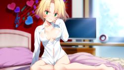 Rule 34 | 1girl, barefoot, bed sheet, bedroom, blonde hair, blurry, blurry background, breasts, butterfly seeker, cleavage, closed mouth, collarbone, collared shirt, covered erect nipples, game cg, green eyes, hair between eyes, hair intakes, hatori piyoko, long sleeves, medium breasts, medium hair, naked shirt, on bed, partially unbuttoned, pillow, saotome haya, shirt, sleeves past wrists, slit pupils, smile, solo, white shirt, wing collar