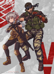 Rule 34 | 1boy, 1girl, ahoge, assault rifle, bandana, beard, boots, brown hair, camouflage, camouflage jacket, camouflage pants, crossover, emblem, english text, eyepatch, facial hair, fingerless gloves, flashlight, gentiane (girls&#039; frontline), girls&#039; frontline, gloves, gun, handgun, highres, jacket, knee pads, mechanical arms, metal gear (series), metal gear solid v: the phantom pain, multicolored hair, pants, persocon93, red eyes, red hair, rifle, scar, scar across eye, scar on face, silver hair, single mechanical arm, streaked hair, suppressor, tactical clothes, venom snake, weapon