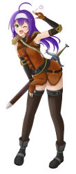 Rule 34 | 1girl, ahoge, armpits, black footwear, black sleeves, black thighhighs, breasts, detached sleeves, fingerless gloves, fire emblem, fire emblem: path of radiance, floating hair, gloves, hand on lap, headband, heart, highres, leaning forward, long hair, long sleeves, looking at viewer, mia (fire emblem), nintendo, orange gloves, purple hair, ryuusaki rei, sheath, sheathed, simple background, small breasts, solo, standing, sword, thighhighs, very long hair, weapon, white background, white headband, zettai ryouiki