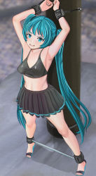 Rule 34 | 1girl, aqua eyes, aqua hair, armpits, arms up, aruman, bdsm, bondage, bound, bound legs, bound wrists, bra, breasts, female focus, hatsune miku, highres, long hair, looking at viewer, necktie, open mouth, parted lips, ponytail, sandals, skirt, solo, spreader bar, standing, thighhighs, twintails, underwear, vocaloid