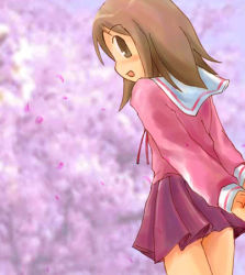 Rule 34 | 1girl, azumanga daiou, blush, cherry blossoms, kasuga ayumu, looking back, lowres, outdoors, school uniform, serafuku, solo