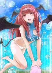 Rule 34 | 2girls, :d, alternate costume, bare shoulders, barefoot, bat wings, blunt bangs, blurry, blush, bosutonii, breasts, cleavage, cleavage cutout, clothing cutout, day, demon tail, depth of field, feet, foot out of frame, head wings, highres, koakuma, lens, long hair, medium breasts, multiple girls, navel, open mouth, panties, patchouli knowledge, pov, pov hands, red eyes, red hair, sky, smile, solo focus, tail, toes, touhou, underwear, wings