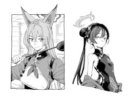Rule 34 | animal ears, blue archive, breasts, butterfly hair ornament, china dress, chinese clothes, closed mouth, coat, crossed bangs, double bun, dress, greyscale, hair between eyes, hair bun, hair ornament, halo, hiro (chumo), holding, holding ladle, kisaki (blue archive), ladle, large breasts, long hair, looking at viewer, monochrome, multiple girls, off shoulder, open clothes, open coat, rumi (blue archive), simple background, sleeveless, sleeveless dress, upper body