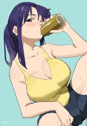 Rule 34 | 1girl, beer can, blush, breasts, brown eyes, can, cleavage, drink can, drinking, highres, katsuragi misato, large breasts, legs, long hair, looking at viewer, mature female, neon genesis evangelion, purple hair, shirt, shorts, sleeveless, sleeveless shirt, solo, spread legs, squatting, thighs