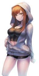Rule 34 | 1girl, artist request, black shorts, black tank top, breasts, brown eyes, brown hair, check copyright, cleavage, commission, copyright request, crop top, dolphin shorts, grey jacket, highres, hood, hooded jacket, jacket, large breasts, long hair, long sleeves, looking at viewer, navel, original, second-party source, short shorts, shorts, simple background, smile, solo, standing, tank top, thighs, white background