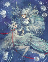 Rule 34 | 2girls, aqua eyes, clona, commentary request, dress, feathered wings, flower, frilled dress, frills, gloves, gradient background, harpy, head wings, invisible, long hair, monster girl, multiple girls, neck ribbon, open mouth, outstretched wings, pixiv fantasia, pixiv fantasia t, ribbon, rose, short hair, smile, white flower, white hair, white rose, wings, yellow eyes