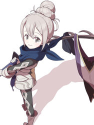 Rule 34 | 1girl, blush, boots, fire emblem, fire emblem fates, gloves, grey eyes, hair bun, kana (female) (fire emblem), kana (fire emblem), nintendo, pointy ears, scarf, simple background, single hair bun, solo, sword, weapon, white background, white hair, zo ku naga